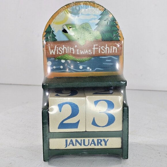 Wishin I Was Fishin Perpetual Desk Calendar Block Set Fisherman Gift - Picture 2 of 8